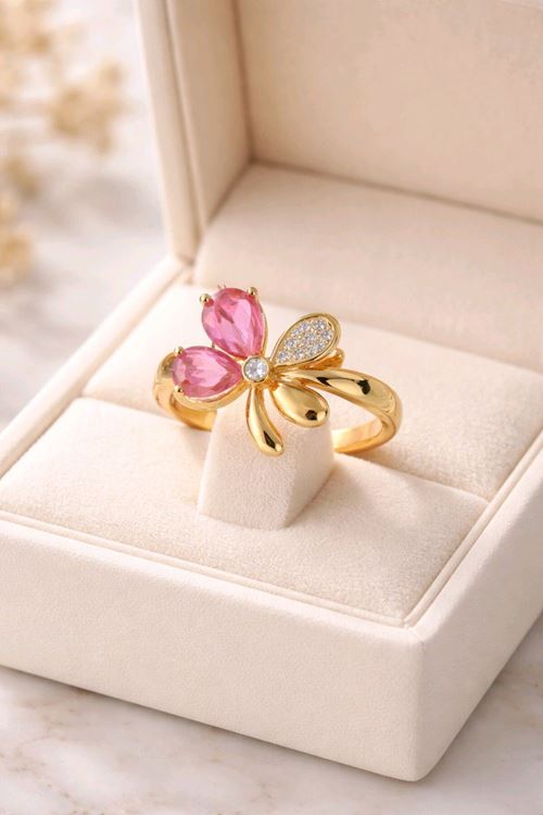 Gold Pembe Taşlı Yonca Yüzük, Ayarlanabilir