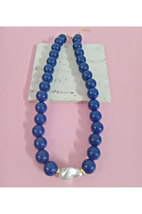Lacivert Boncuklu İncili (44cm +6cm) Şık Kadın Kolye