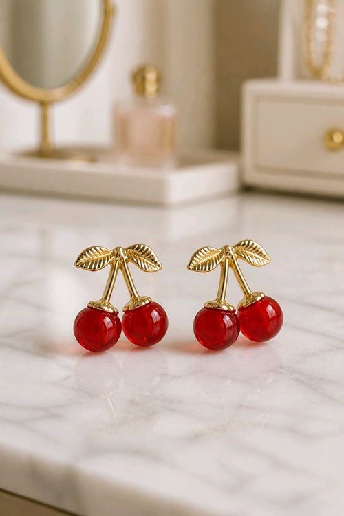 Gold Kırmızı Kiraz Küpe, Uzunluk:2 cm, Genişlik:2cm