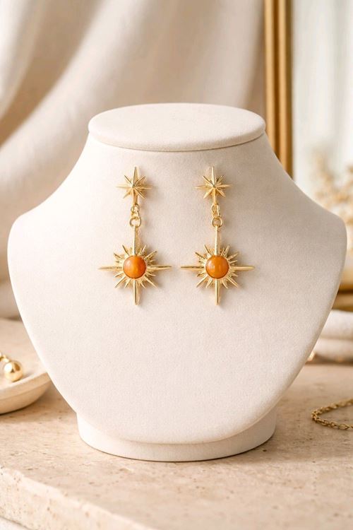 Gold Turuncu Mineli Kuzey Yıldızı Küpe, Çok Hafif