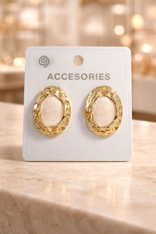 Gold Beyaz Sedefli Oval Basic Küpe