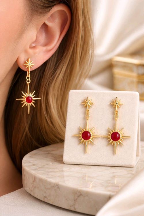 Gold Bordo Mineli Kuzey Yıldızı Küpe, Çok Hafif