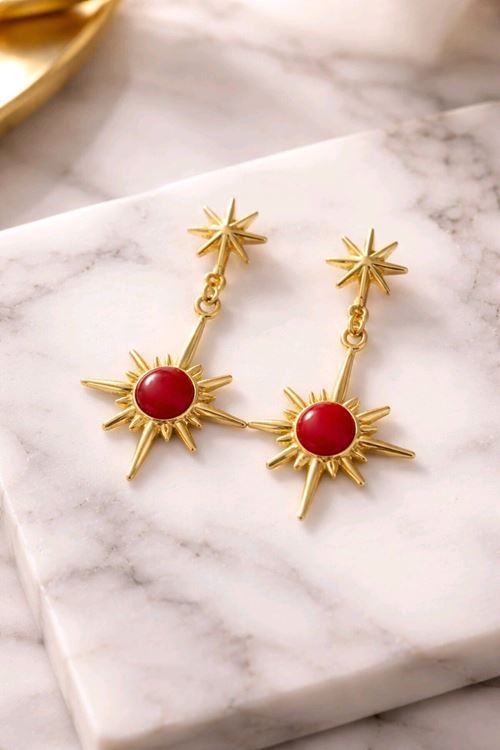 Gold Bordo Mineli Kuzey Yıldızı Küpe, Çok Hafif
