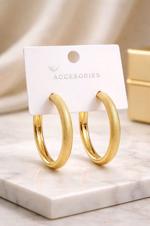 Gold 5cm Laser Baskılı Halka Küpe, Çok Hafif