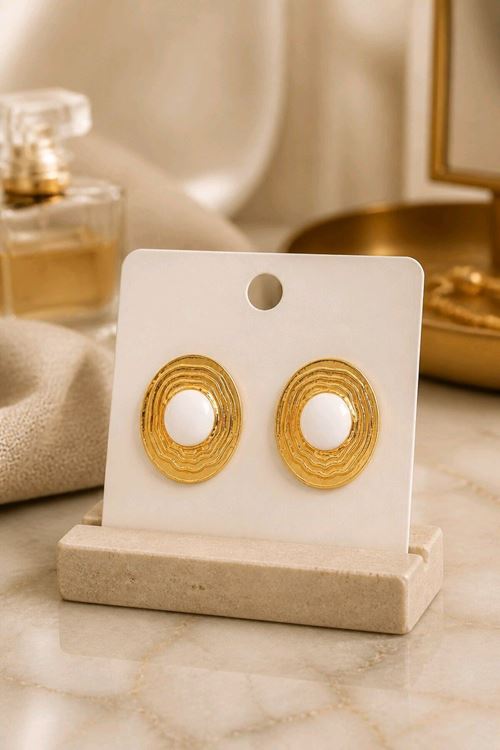 Gold Beyaz Mineli Oval Küpe, Uzunluk:2cm
