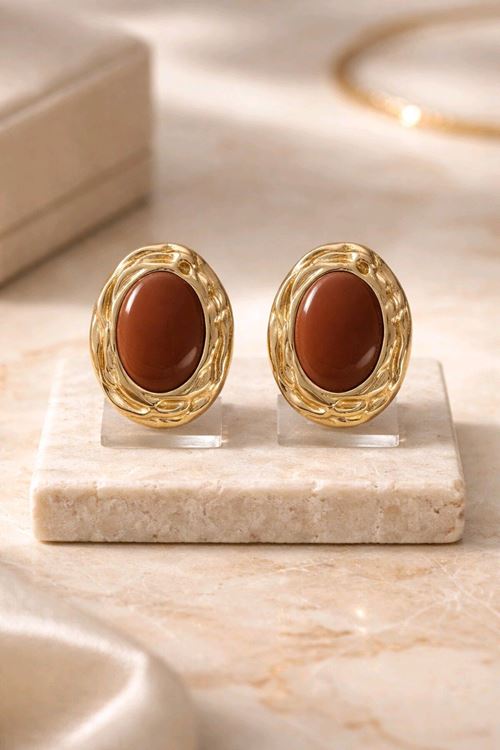 Gold Kahverengi Mineli Oval Basic Küpe