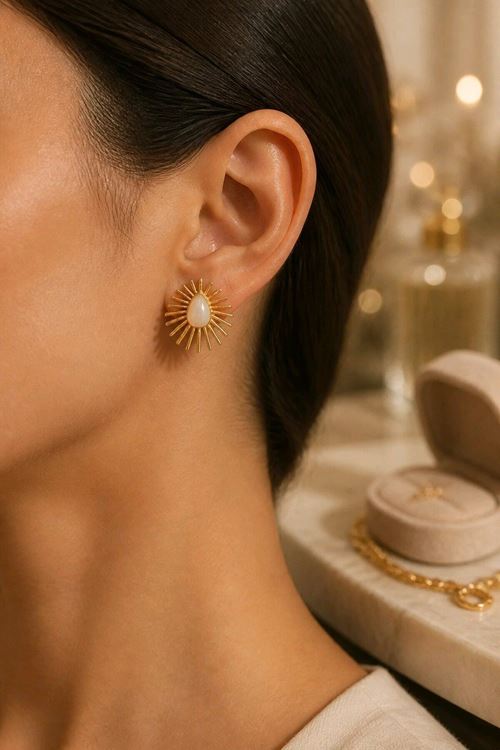 Gold Beyaz Mineli Oval Küpe, Uzunluk:2 cm