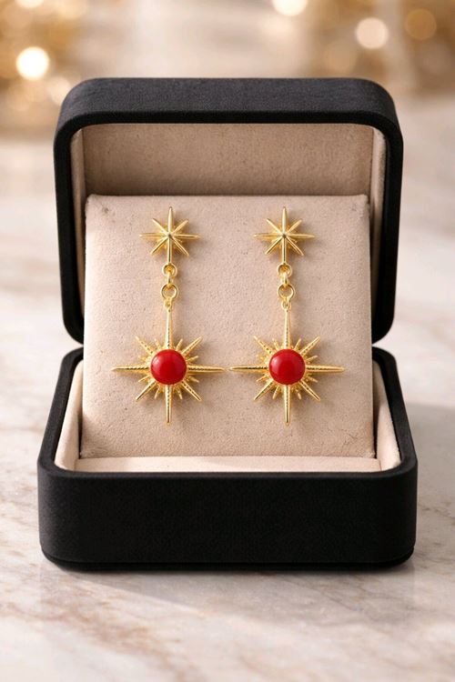 Gold Bordo Mineli Kuzey Yıldızı Küpe, Çok Hafif