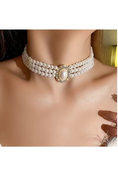 Gümüş 3 Sıralı İnci Chocker Şık Kadın Kolye