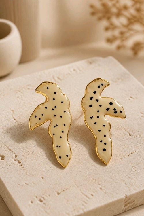 Gold Sarı Mineli Palmiye Küpe, Uzunluk:5 cm, Genişlik: 2,5cm