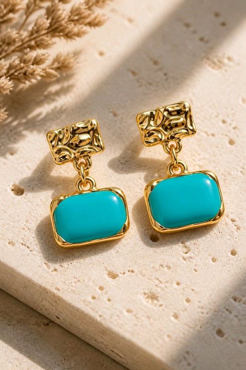 Gold Mavi Mineli Küpe, Uzunluk:2 cm, Genişlik:1,5 cm