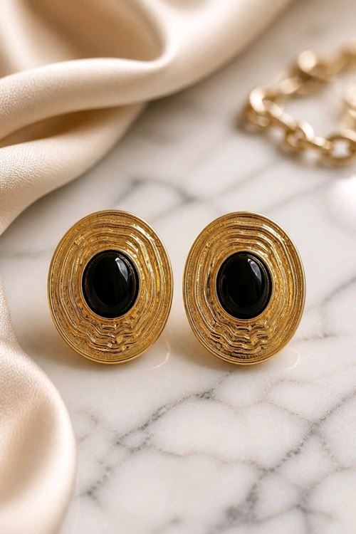Gold Beyaz Mineli Oval Küpe
