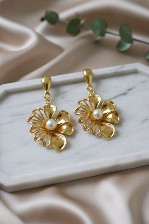 Gold İncili Çiçek Küpe