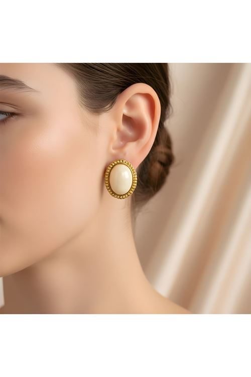 Gold Krem Taşlı Oval Şık Kadın Küpe