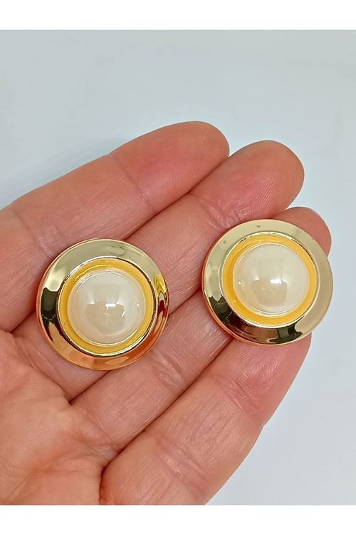Gold Krem Incili Düğme Kadın Küpe, 2,5cm