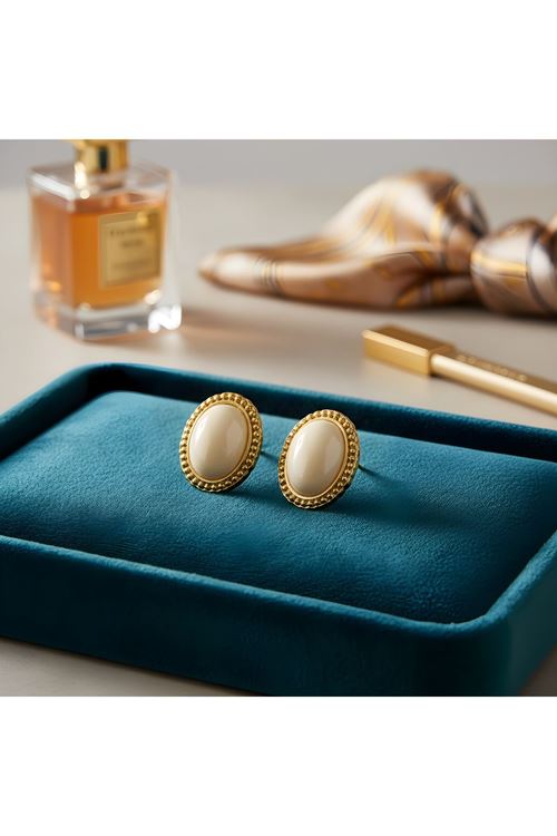 Gold Krem Taşlı Oval Şık Kadın Küpe