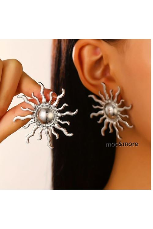 Gümüş Büyük (5CM) Güneş Kadın Küpe Premium