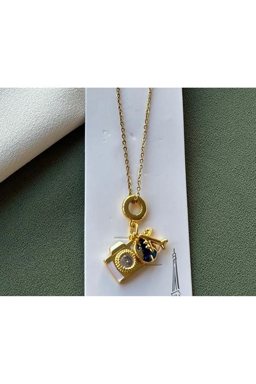 Çelik Gold Dünya Uçak Fotoğraf Makinesi Kolye