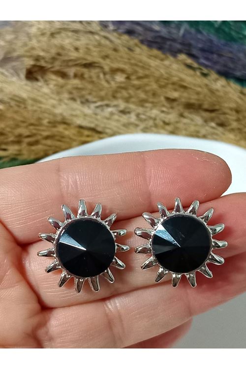 Siyah Taşlı Güneş Abiye Günlük Kadın Küpe