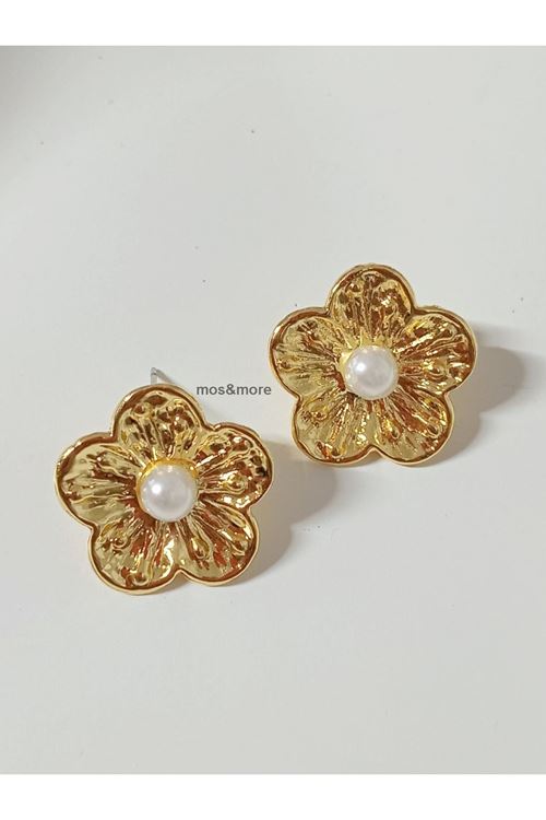 Gold Renk İncili Çiçek Kadın Küpe