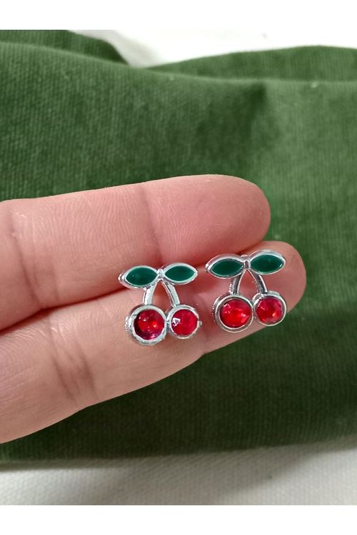 Minimal Gümüş Kirazlı Tasarım Şık Kadın Küpe
