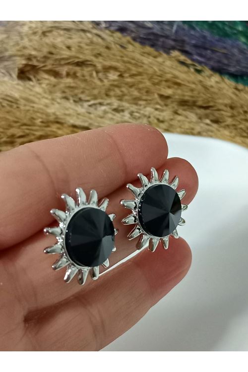 Siyah Taşlı Güneş Abiye Günlük Kadın Küpe