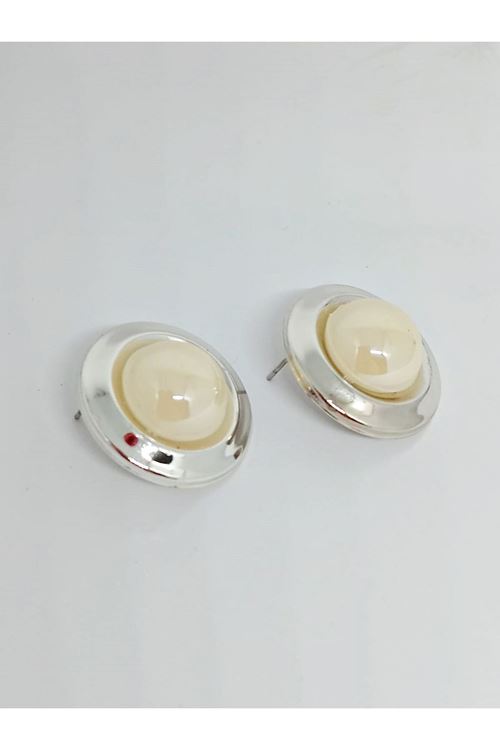 Gümüş Krem Incili Düğme Kadın Küpe, 2,5cm