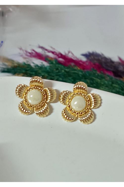 Gold Krem Taşlı Çiçek  Şık Kadın Küpe