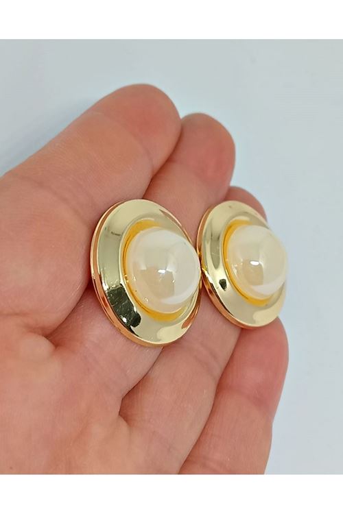 Gold Krem Incili Düğme Kadın Küpe, 2,5cm
