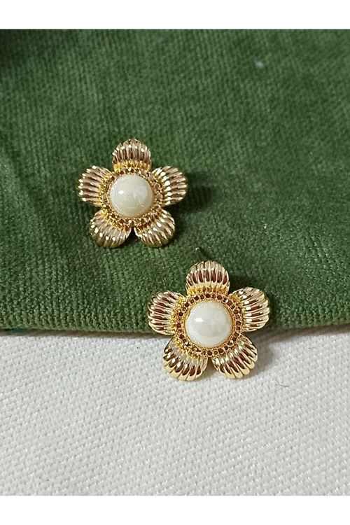 Gold Krem Taşlı Çiçek  Şık Kadın Küpe