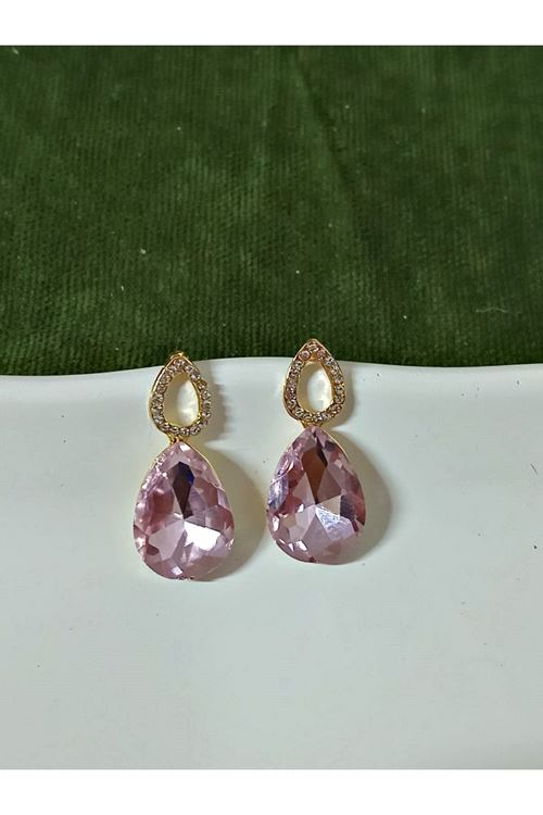 Pembe Taşlı Damla Gold Kadın Küpe
