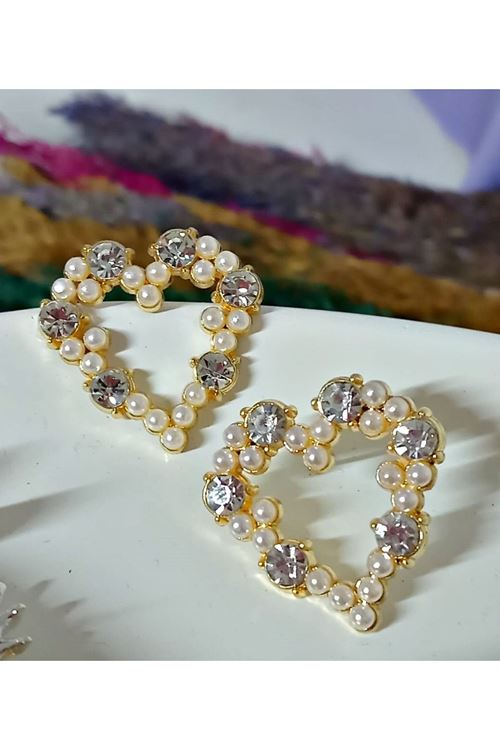 Gold İncili Taşlı Kalp Zirkon Şık Kadın Küpe