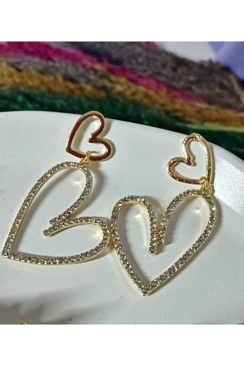 Gold Kristal Taşlı Çift Kalp Kadın Abiye Küpe,suyolu