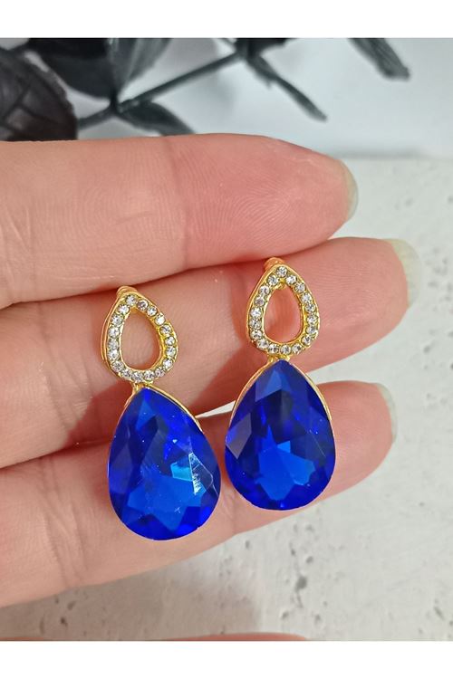 Lacivert Taşlı Damla Gold Kadın Küpe