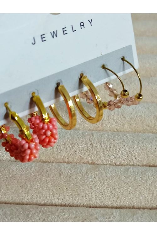 3 Çift Somon Rengi Gold Halka Küpe Seti