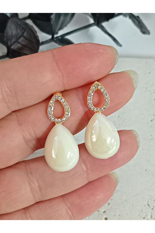 Ekru Taşlı Damla Gold Kadın Küpe