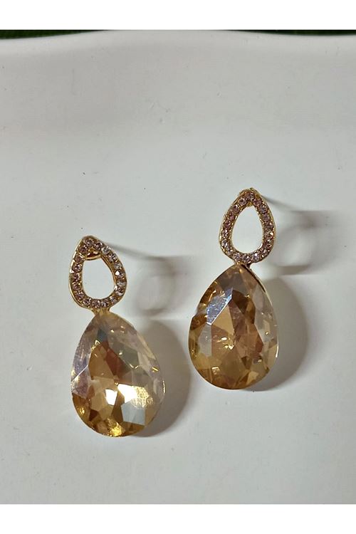Bal Rengi Taşlı Damla Gold Kadın Küpe