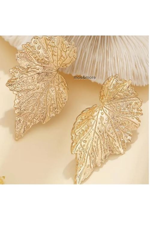 Gold Vintage Esintili Yelpaze Şeklinde Yaprak Kadın Küpe