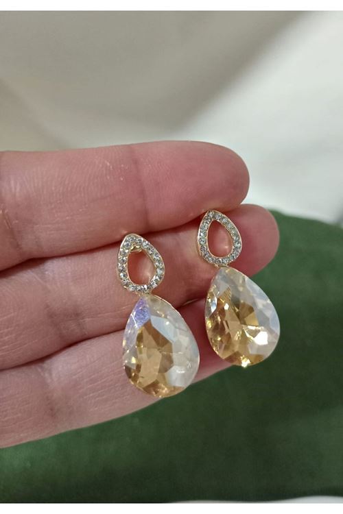Bal Rengi Taşlı Damla Gold Kadın Küpe