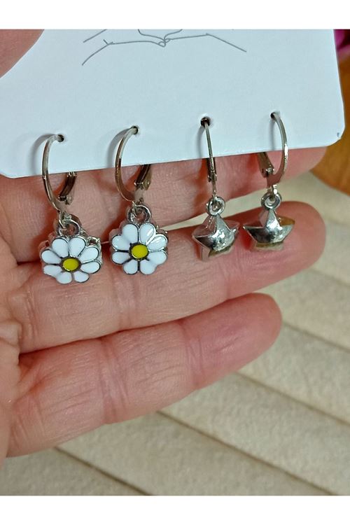 2 Çift Papatya Yıldız Gümüş  Çocuk Küpe