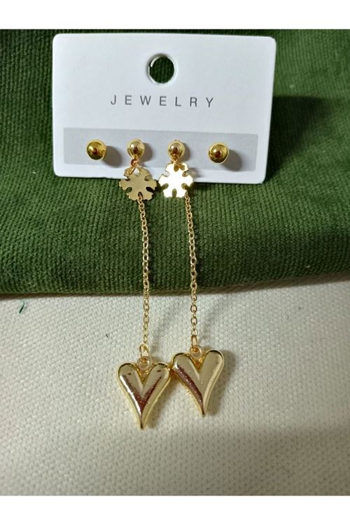 Gold 4 Lü Set Kalp Uçlu Sallantılı Küpe Seti