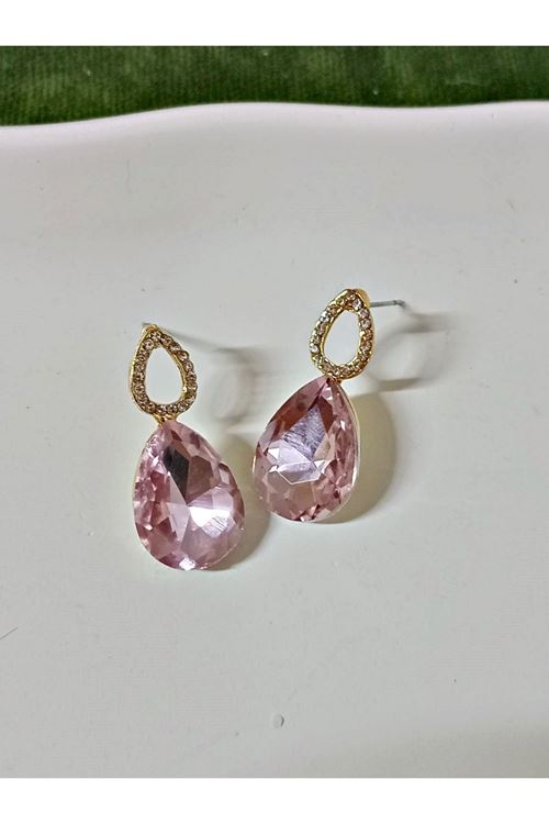 Pembe Taşlı Damla Gold Kadın Küpe