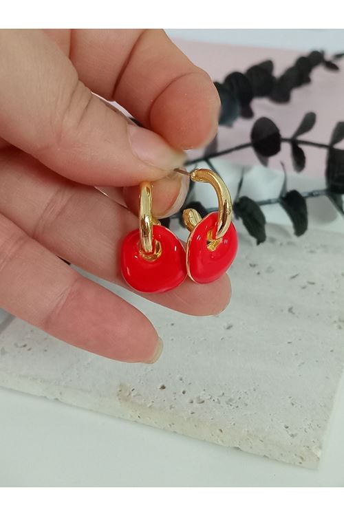 Kırmızı Mineli Halka Kadın Küpe