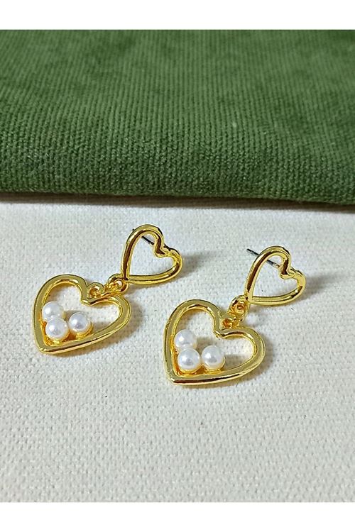 Çelik Gold İncili Kalp Aşk Love Kadın Küpe
