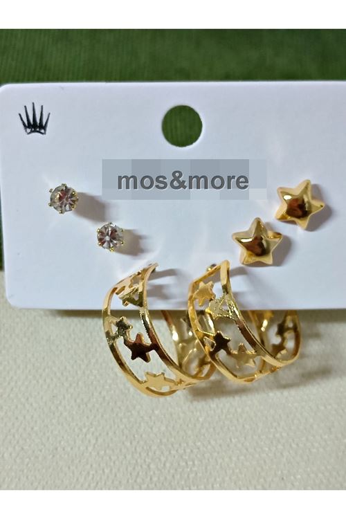 6 Parça, Gold Yıldız Halka  Kadın Küpe Seti