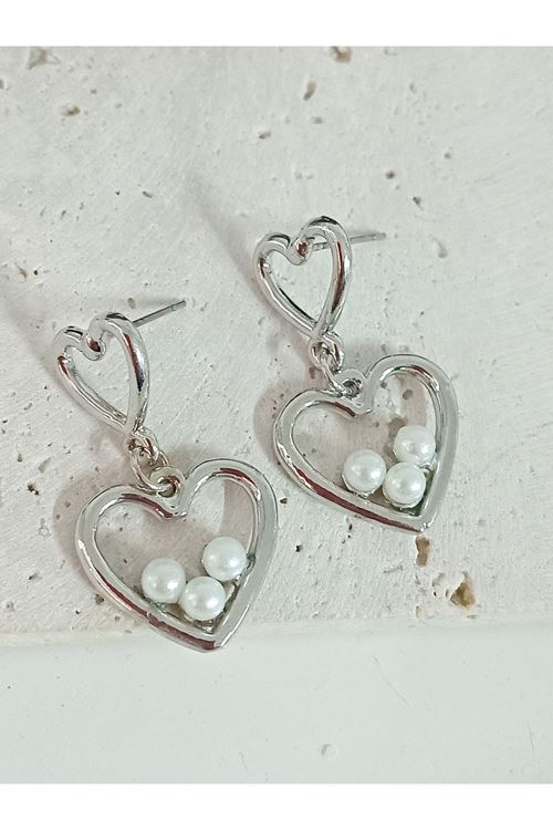 Gümüş İncili Kalp Aşk Love Kadın Küpe