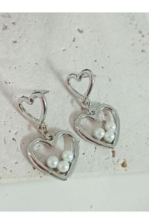 Gümüş İncili Kalp Aşk Love Kadın Küpe
