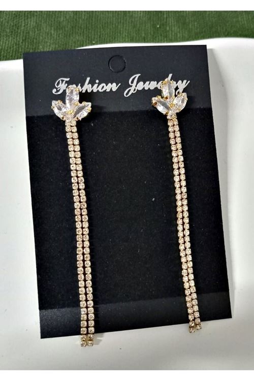 Gold İnce Taşlı Yaprak Uzun Abiye Kadın Küpe