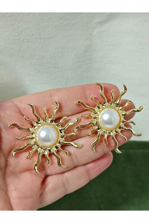 Gold Ortası Incili Güneş Form Şık Kadın Küpe