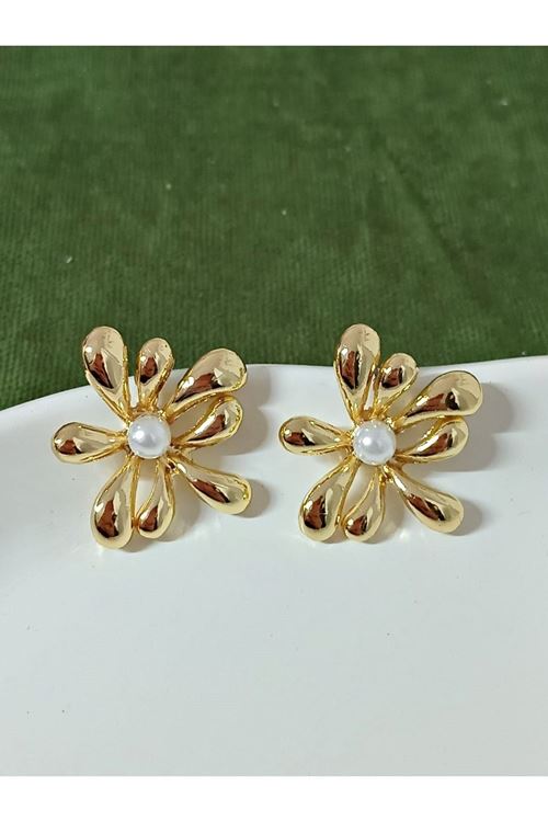 Gold İncili Şekilsiz Şık Kadın Küpe